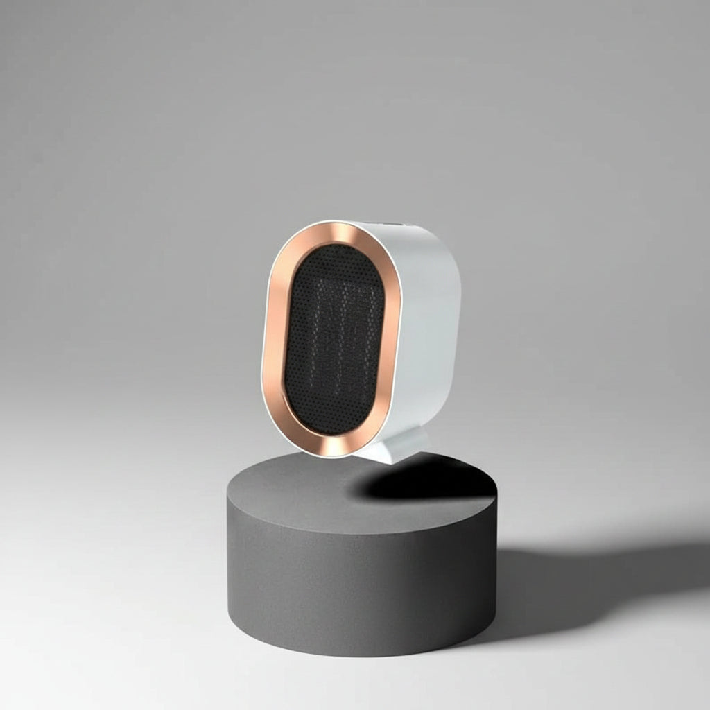 Modern speaker with rose gold accents on a gray stand