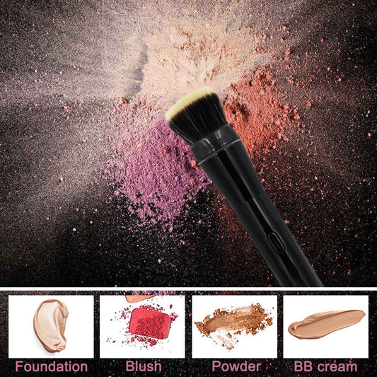 Makeup brush with colored powder and foundation, blush, and BB cream samples on a dark background.