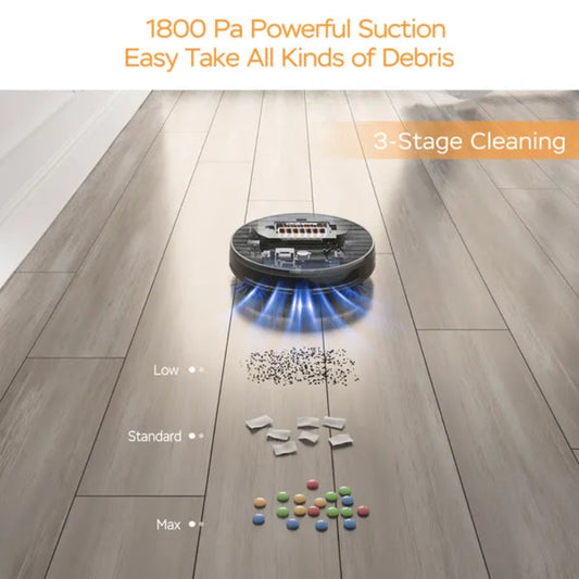 Robotic vacuum cleaner cleaning a wooden floor with text highlighting suction power and cleaning stages.
