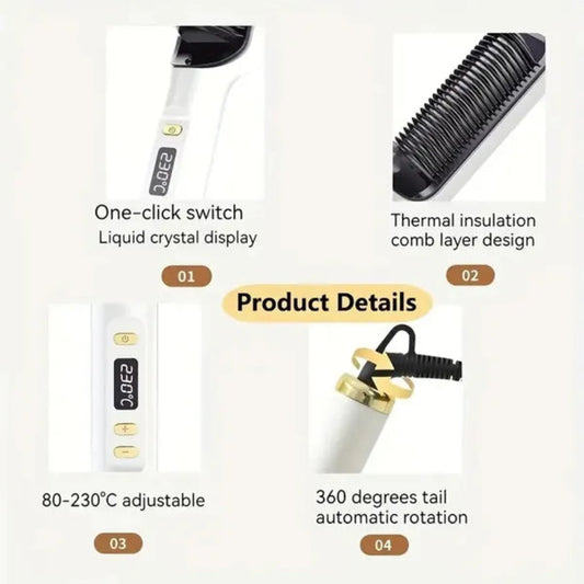 Hair straightener with product details on a white background
