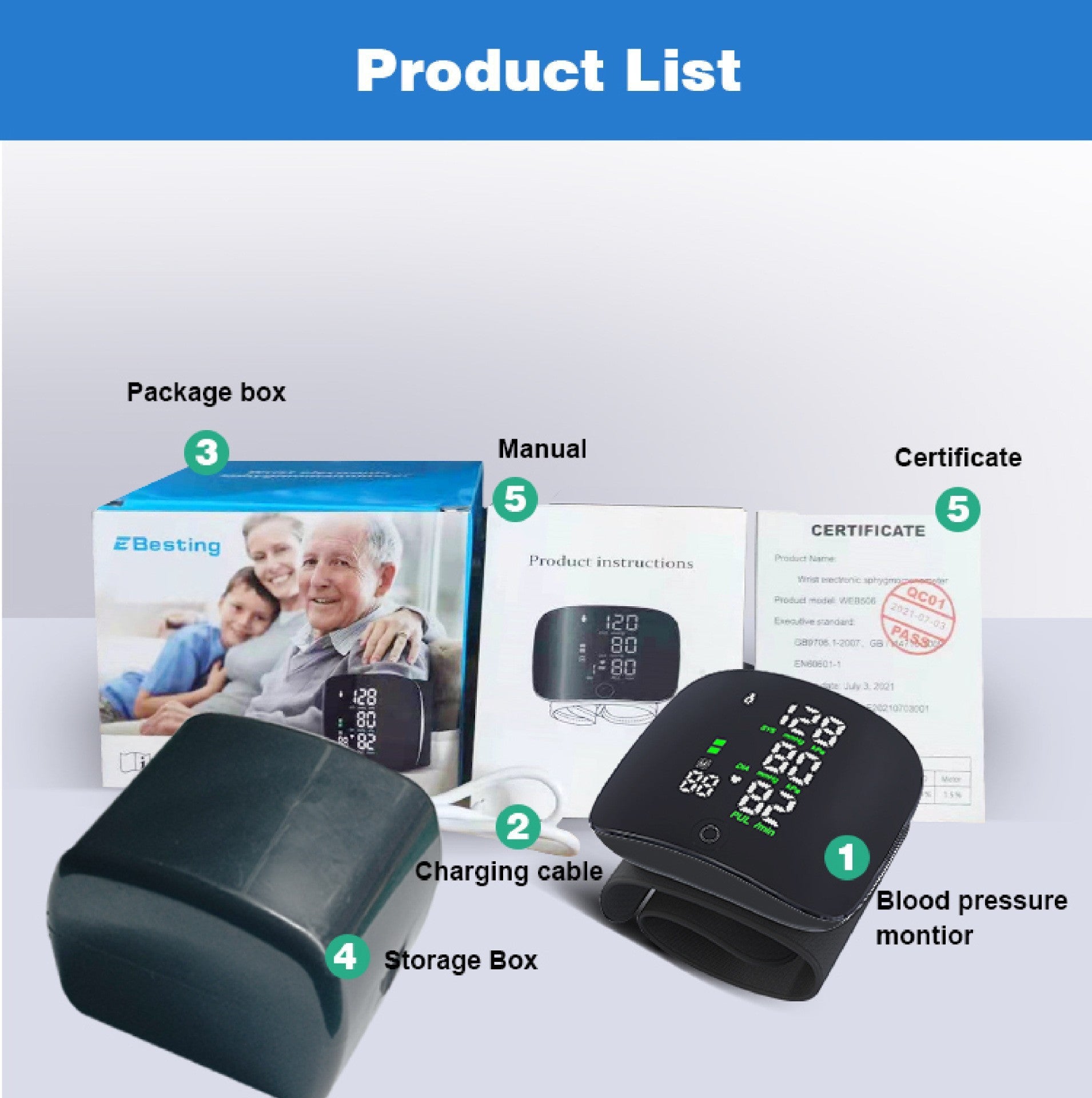Blood pressure monitor with packaging, manual, and certificate on a white background