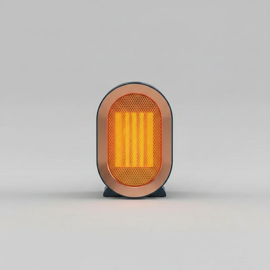 Portable heater on a wooden surface with text about speed ranges and temperature settings.